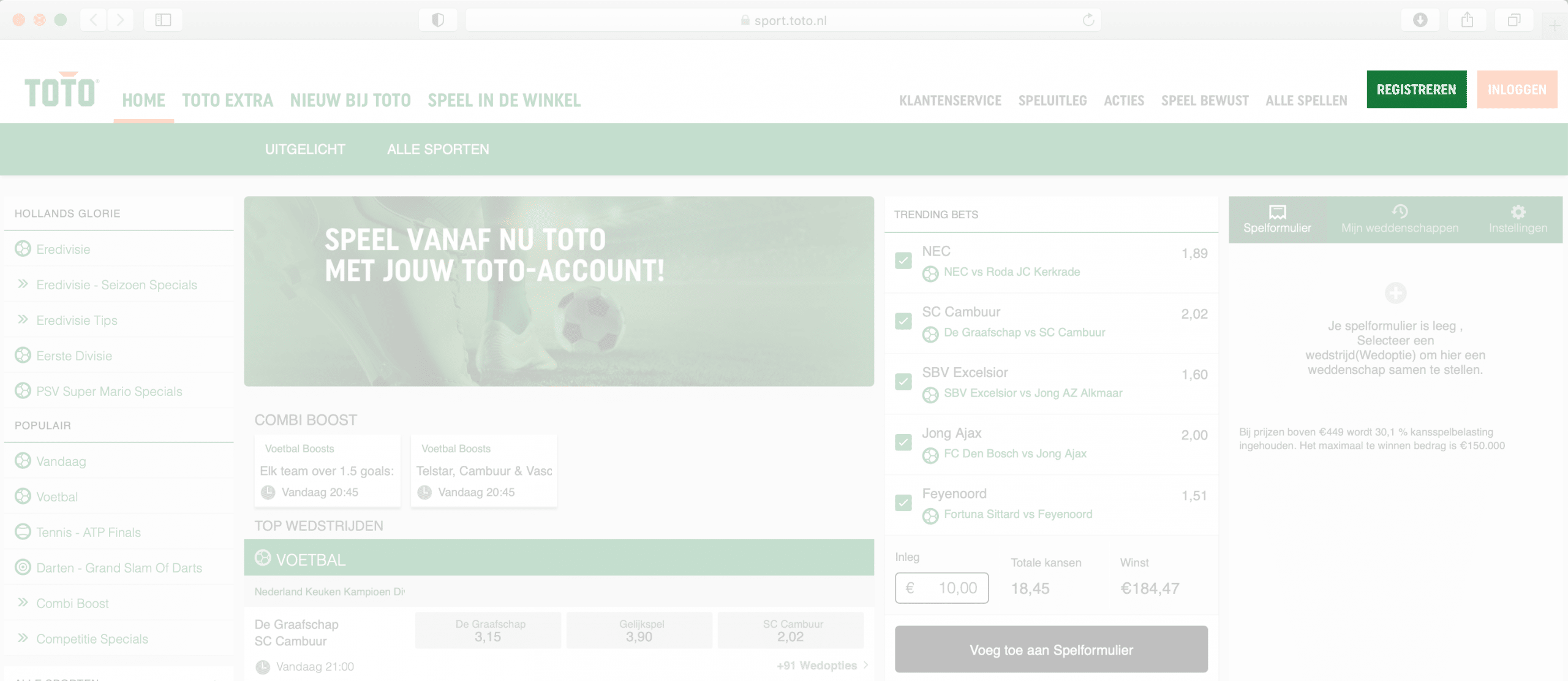 Een account aanmaken bij de toto doe je door rechts boven te kiezen voor 'registreren'