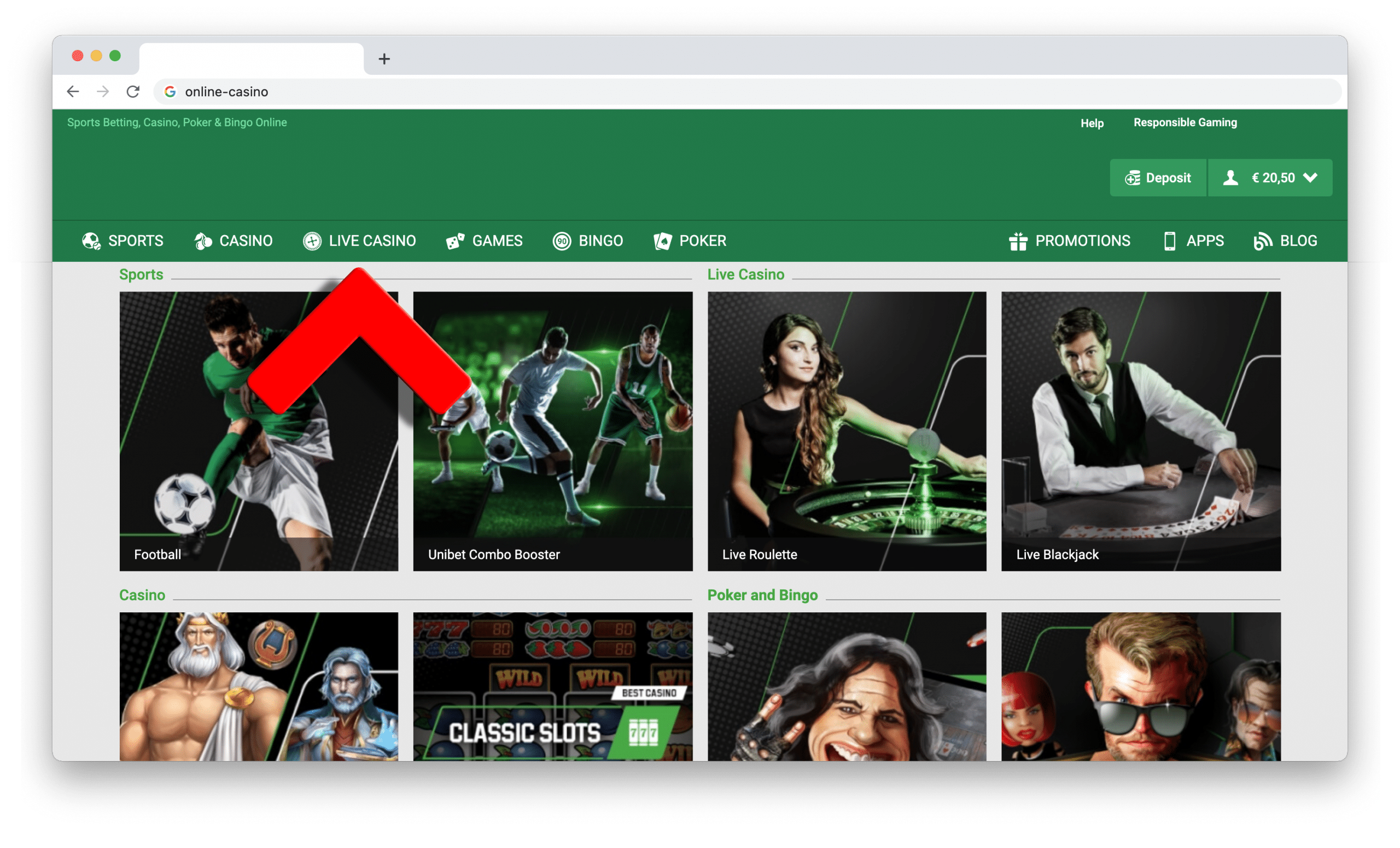 Live Roulette Stap 1 ga naar het casino en klik op Live casino