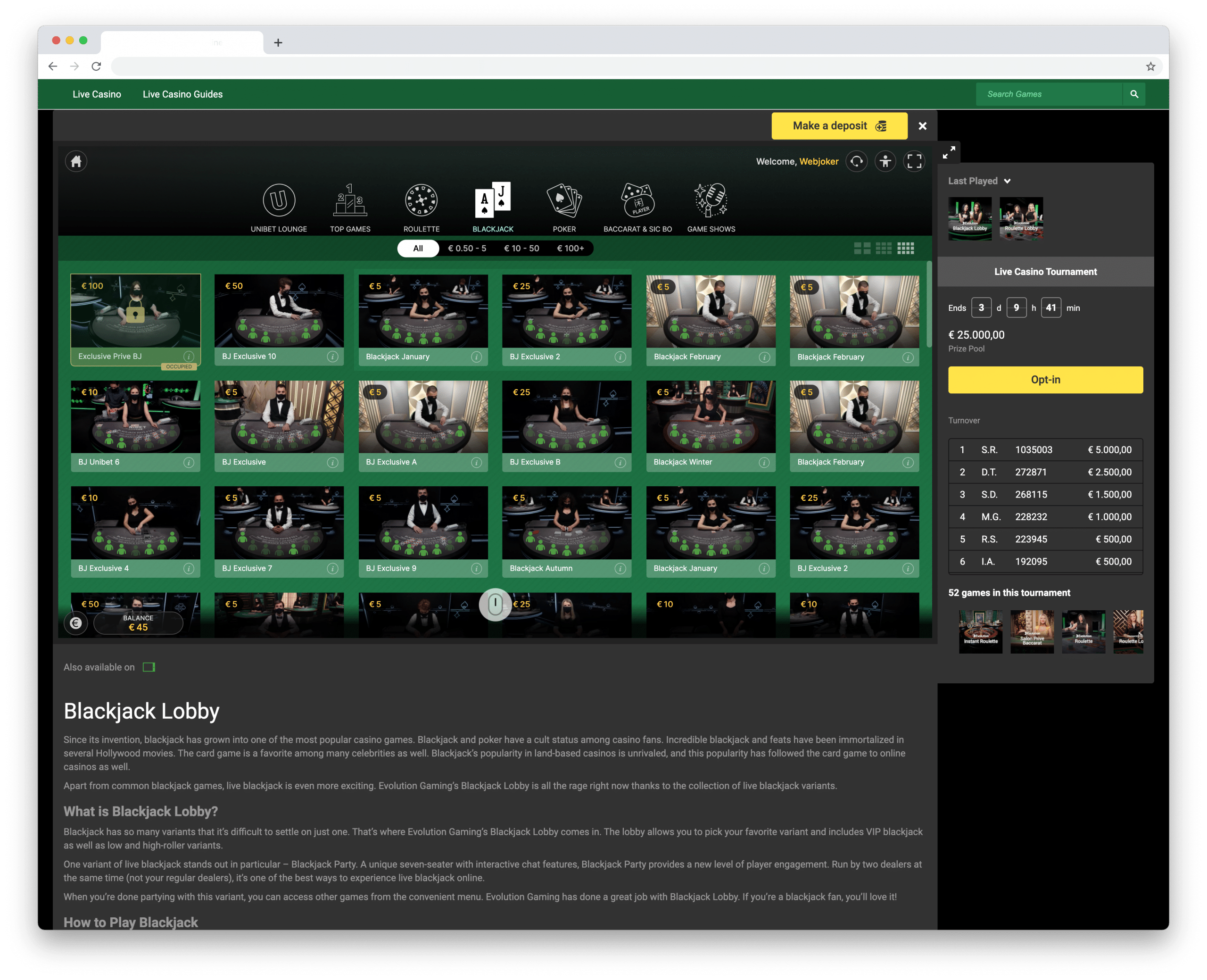 Stap 4 - selecteer je Live Blackjack tafel