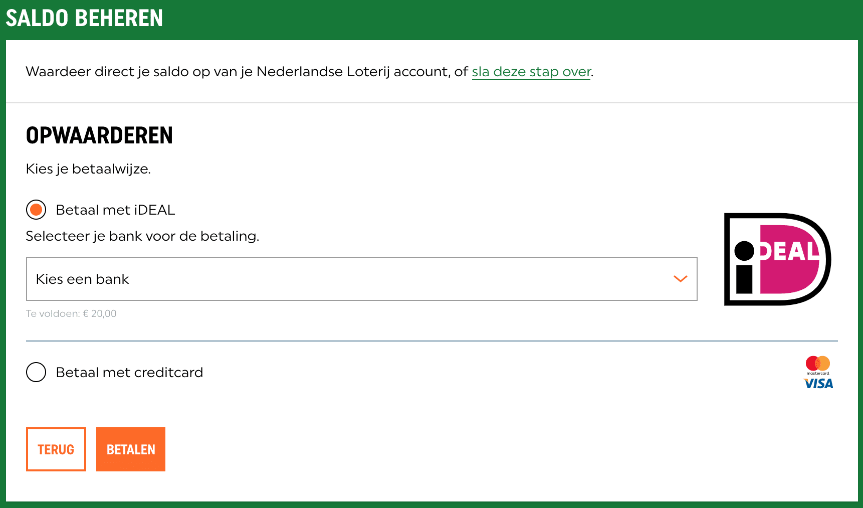 TOTO Stap 2 - betaalwijze selecteren