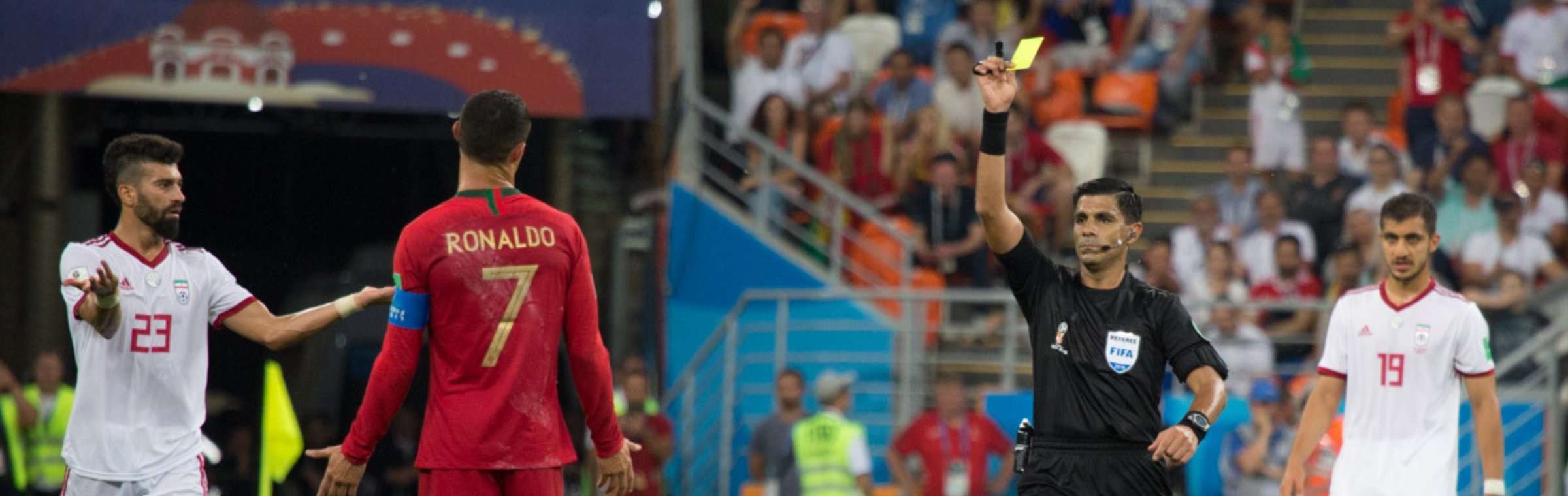 Cristiano Ronaldo krijgt een gele kaart in een wedstrijd van Portugal
