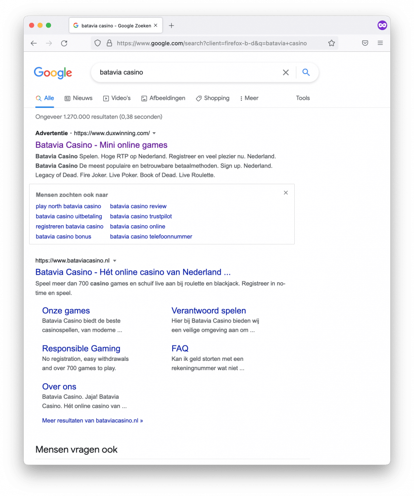Wie zoekt op Batavia Casino krijgt bij Google advertenties voor illegale online casino's