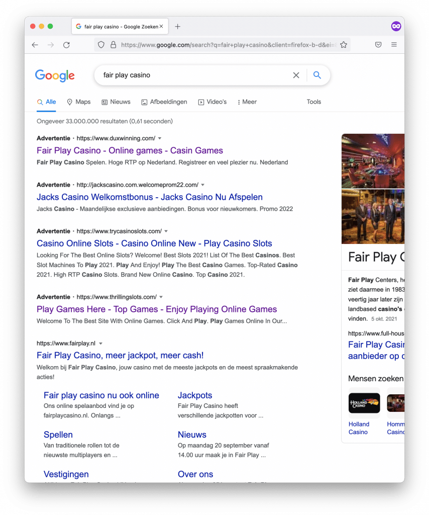 Wie zoekt op Fair Play Casino krijgt bij Google advertenties voor illegale online casino's