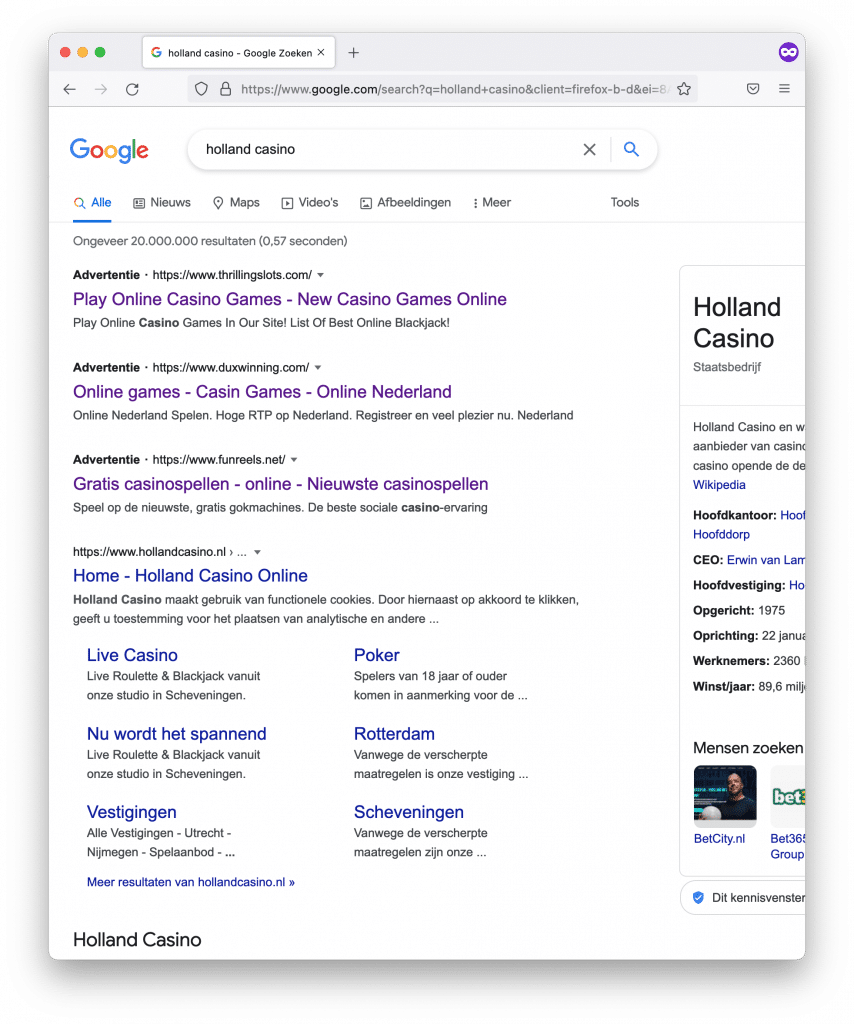 Wie zoekt op Holland Casino krijgt bij Google advertenties voor illegale online casino's
