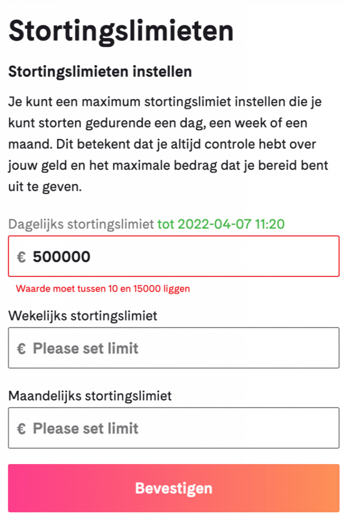 Holland Casino Online heeft naast een inloglimiet ook een stortingslimiet