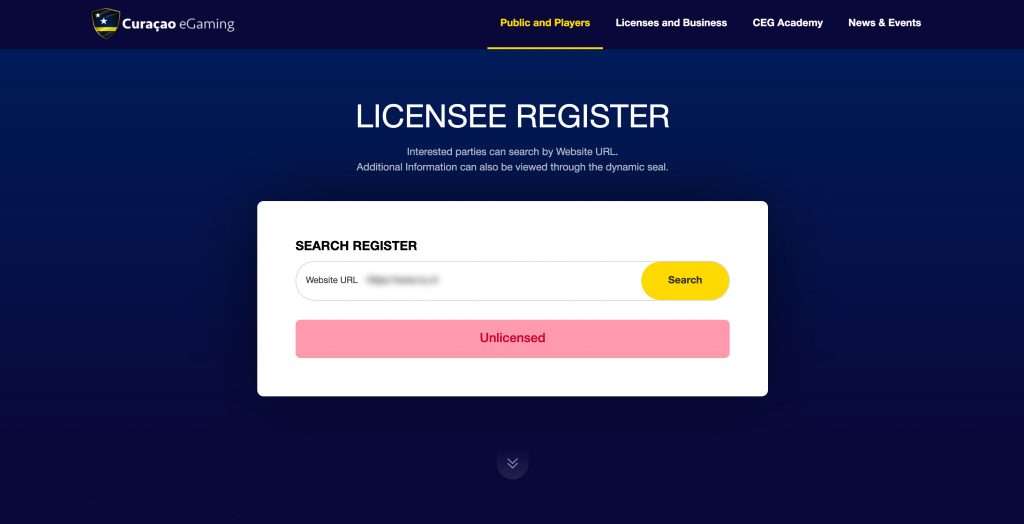 Curaçao eGaming register resultaat voor een online casino zonder een vergunning van Curaçao eGaming