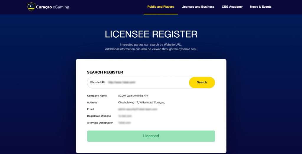 Curaçao eGaming register resultaat voor een online casino met een vergunning van Curaçao eGaming