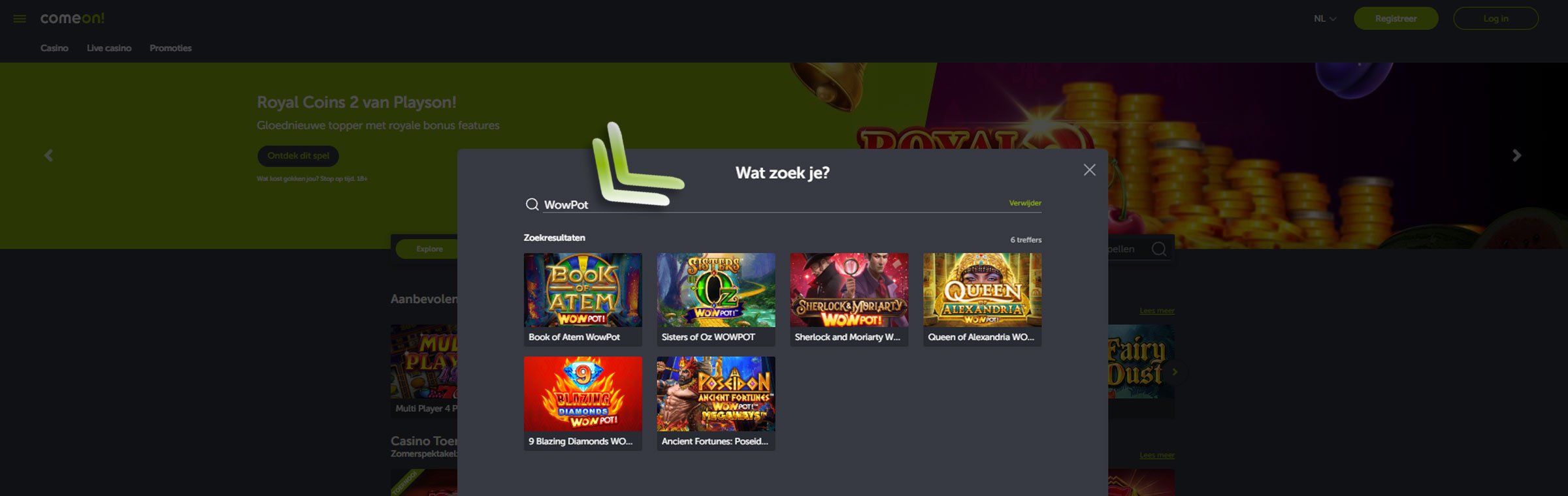 ComeOn-spellen-zoeksysteem