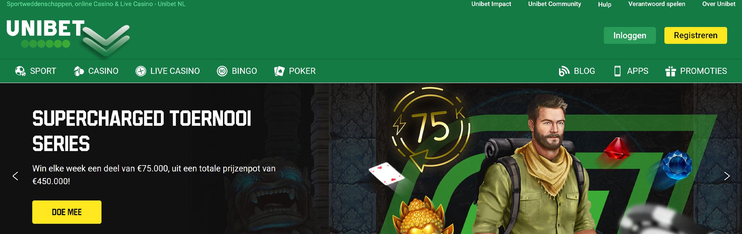 Open de online casino pagina van Unibet en zoek Jackpot