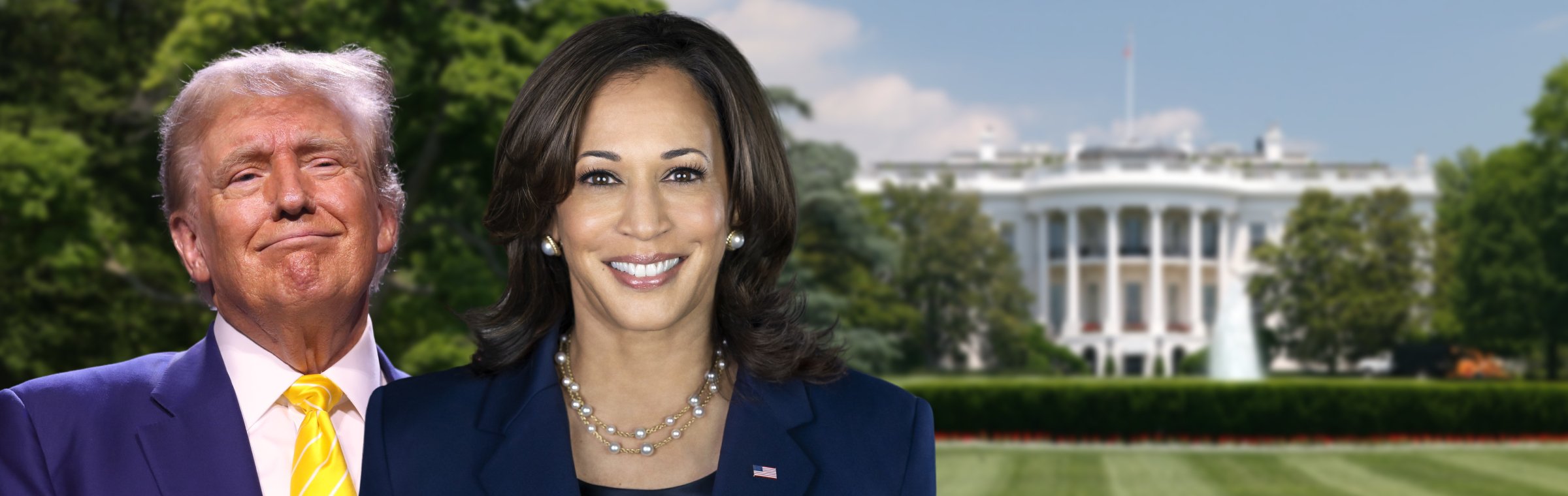 Kamala Harris Donald Trump witte huis White House amerikaanse verkiezingen bookmakers augustus 2024 Kamala Harris door Lawrence Jackson via whitehouse.gov. Donald Trump door Gage Skidmore via Flickr. Achtergrond witte huis door Daniel Schwen via Wikimedia.