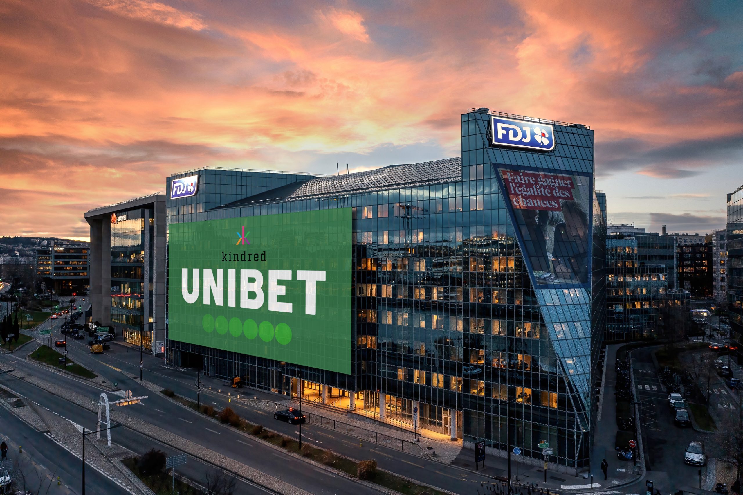 FDJ Kindred Unibet (mock-up door CasinoNieuws.nl, achtergrond via FDJ op https://www.groupefdj.com/mediatheque/)