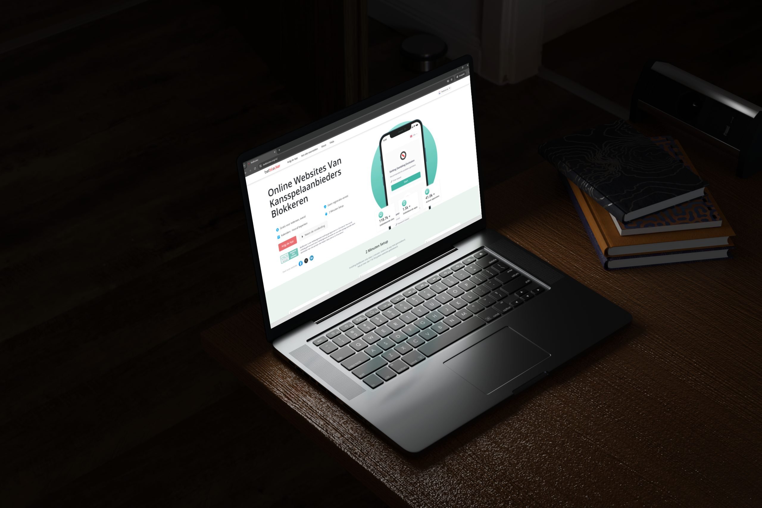 Mockup van BetBlocker op een laptop