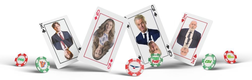 Mockup verkiezingen 2025 met pokerkaarten met lijsttrekkers grootste partijen in peilingen