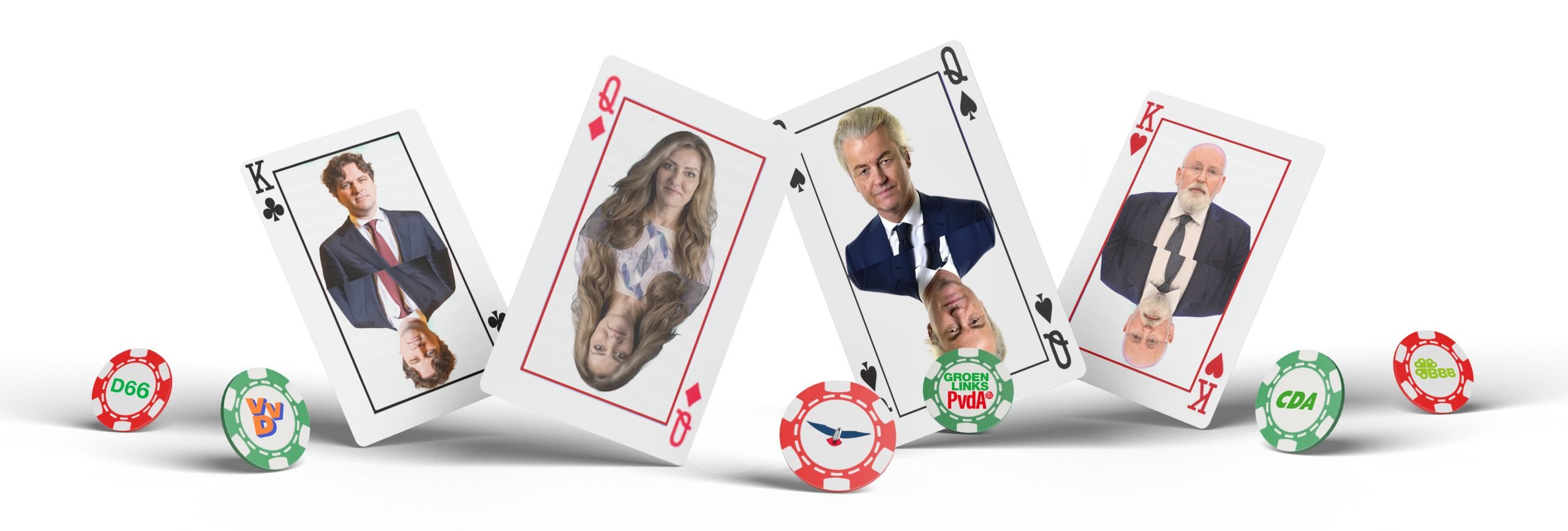 Mockup verkiezingen 2025 met pokerkaarten met lijsttrekkers grootste partijen in peilingen
