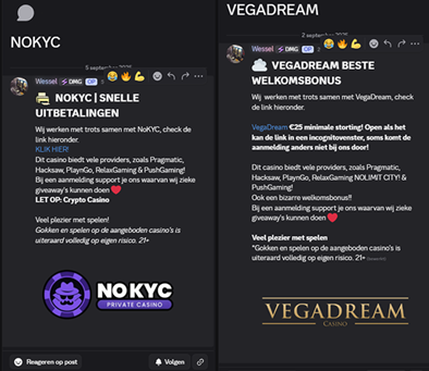 Reclame voor NO KYC casino's in Discord.