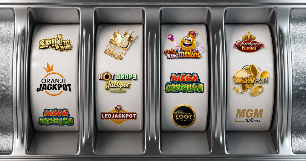 Slotmachine met de logo's van verschillende jackpots zoals de Mega Moolah, Wowpot, en Hot Drops.